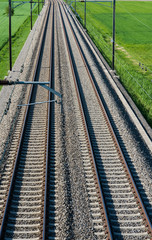 several railroad tracks leading to the horizon in midst of green fields