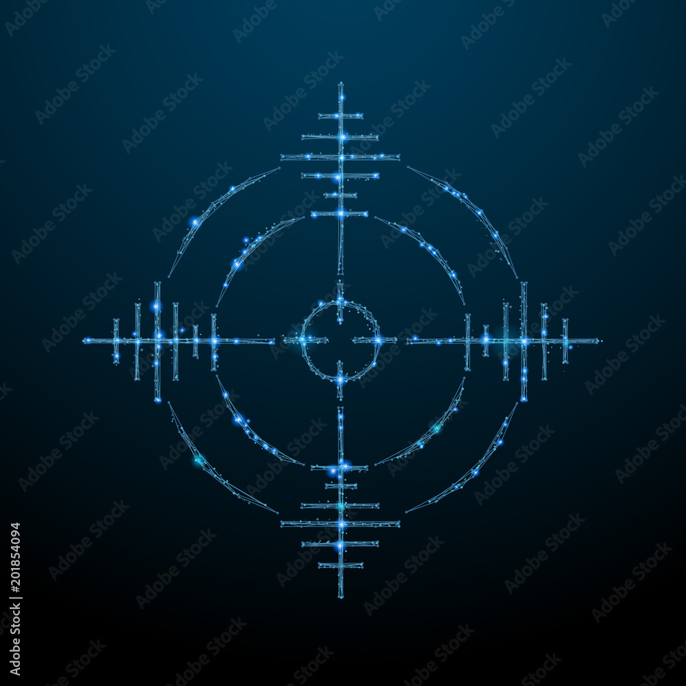 Poster Abstract image of aim in the form of a starry sky or space, consisting of points, lines, and shapes in the form of planets, stars and the universe. Vector target. RGB Color mode purpose