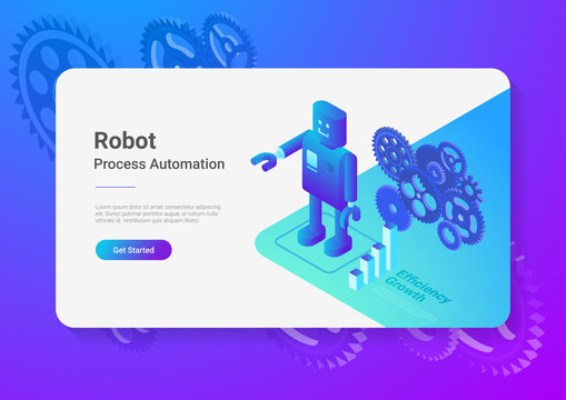 Robot Android retro style Flat Isometric illustration. Process Automation Business Technology Concept.