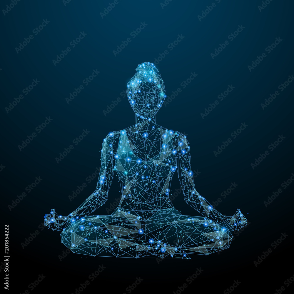 Poster abstract image of woman yogi sits in a lotus pose in the form of a starry sky or space, consisting o