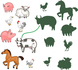 Find the right shade. Educational children matching game with farm animals for children of preschool age