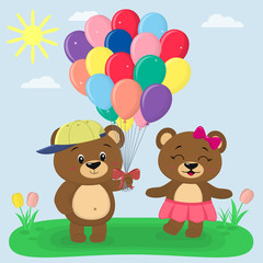 Obraz na płótnie Canvas Two brown bears, a boy in a cap giving balloons to a girl in a pink skirt, in a cartoon style. They stand on a summer glade against the background of the sky . Vector, flat design.
