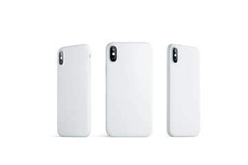 Blank white phone case mock up, stand isolated, 3d rendering. Back, right and left side smartphone cover mockup ready for logo or pattern print presentation. Cellphone protector casing concept