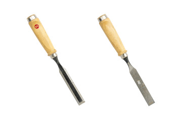 front- and backside of an old chisel, isolated on white