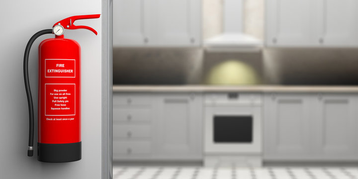 Fire Extinguisher On Wall, Blur House Kitchen Background. 3d Illustration