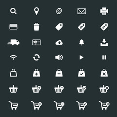 Web icon set vector. Shopping cart, basket and bag, credit card, shipping truck, print, email, wifi, cloud, location and more.