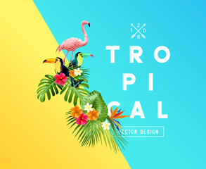 A set of bright tropical floral elements with Hibiscus flowers, toucans and Flamingos and a set of palm leaves. Vector illustration