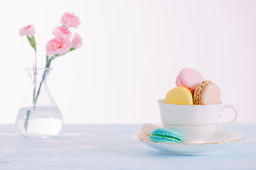 Delicious french dessert. Colorful pastel cake macaron or macaroon