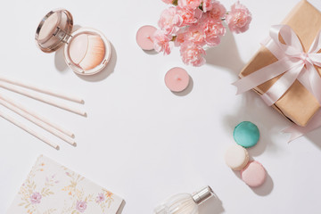 Creative and fashion composition. Stationery objects on desk. Flat lay. Accessories on the table, woman desk top