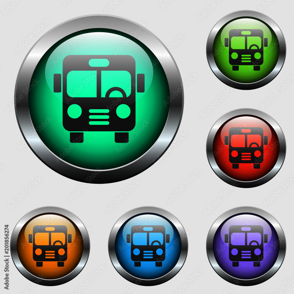 Poster bus vector icon on color glass buttons