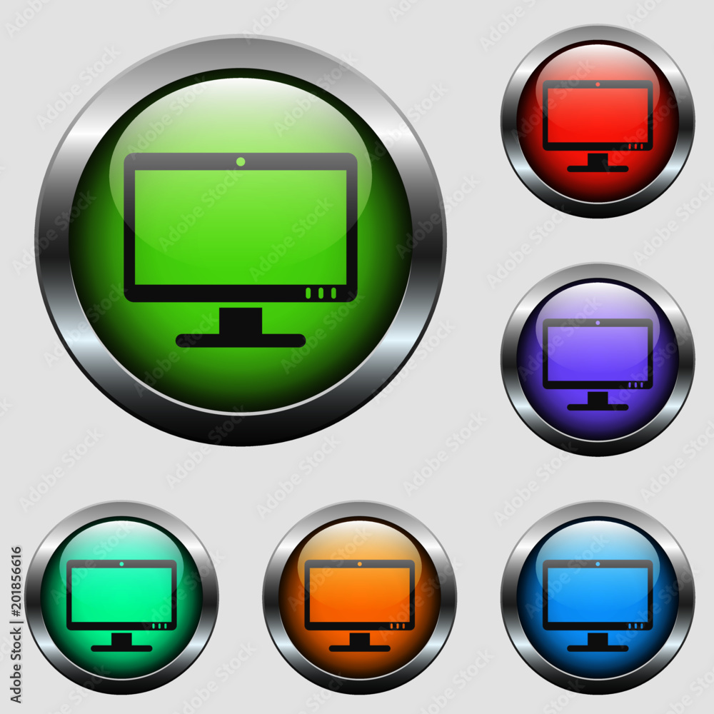 Poster computer monitor vector icon on color glass buttons