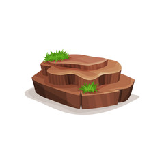Brown rock stone with green grass, design element of natural landscape vector Illustration on a white background