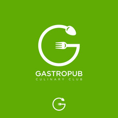 G monogram. Gastropub logo. Gastronomy restaurant emblem. Fork and spoon like letter G on green background. 