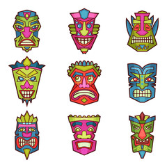 Tribal Indian or African masks set, colorful cut wooden guise vector Illustration on a white background