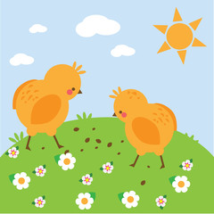Chickens on meadow. chikens on meadow. Simple vector illustration for kids and toddlers
