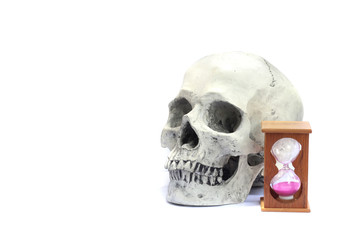 The skull of a dead man with an hourglass at the time of life is over on isolated white background