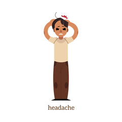 Adult man holding head with painful face expression with eyes closed. Headache, migraine and stress concept. Flat male character worker manager with health problem, pain symptom. Vector illustration