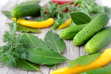Cucumbers and spices prepared for canning