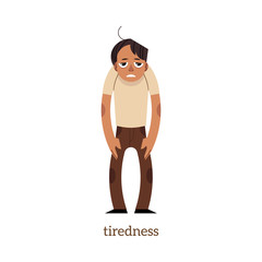 Adult man with painful face expression suffering from tiredness. Heat strope symptoms concept. Flat male character worker manager with health problem. Vector illustration