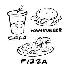 draw hamburger pizza and cola, vector