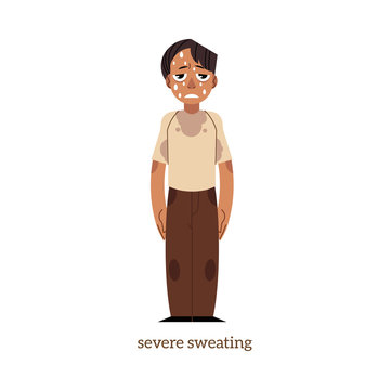 Adult man with painful face expression with severe sweating. Heat strope symptoms concept. Flat male character worker manager with health problem. Vector illustration