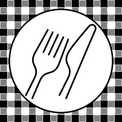 Linear silhouettes of a fork and knife in a circle frame, with a retro looking geometrical background.