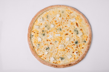 Cheese pizza isolated on white.Top view