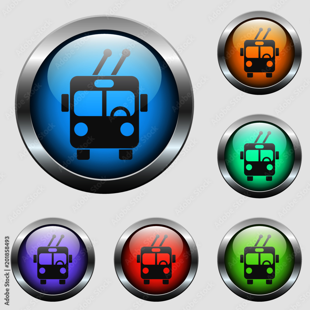 Poster trolleybus vector icon on color glass buttons