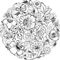 The round composition of the decorative drawn flowers
