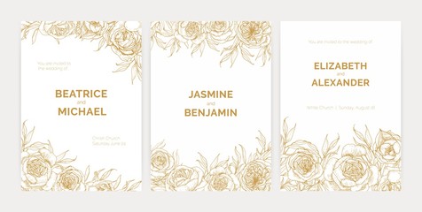 Bundle of gorgeous floral wedding party invitation templates with Provence roses hand drawn with contour lines on white background and place for text. Realistic vector illustration in vintage style.