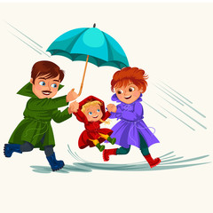 family husband and wife walking rain with umbrella in hands, raindrops dripping into puddles, dad and mom holding baby by hand, couple in love under raining clouds vector illustration