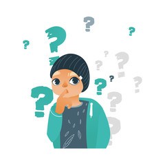 Young blonde hair man in casual clothing, hat standing in thoughtful curious pose holding his chin thinking with question above head. Isolated vector illustration portrait in cartoon style