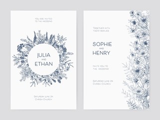 Bundle of elegant wedding party invitation templates decorated with beautiful flowers and round wreath hand drawn with blue outlines on white background. Monochrome botanical vector illustration.