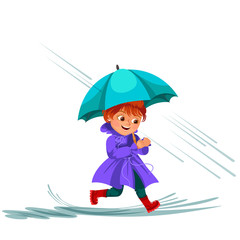 Woman walking rain with umbrella hands, raindrops dripping into puddles, Girl waterproof jacket rubber boots under raining clouds vector illustration