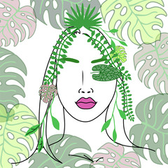 ropical girl with leaves and flowers in her hair on a white background