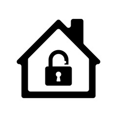 Fototapeta na wymiar Black house icon with padlock unlocked inside. An Isolated vector object.