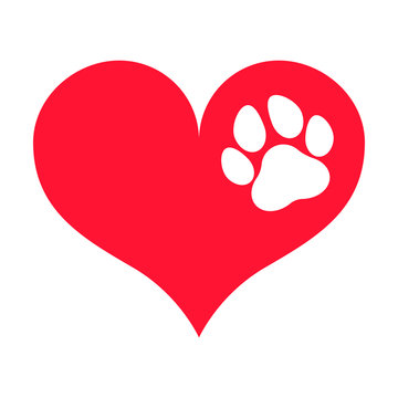 White paw print on red heart. Isolated vector object.