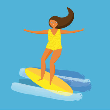 Girl in yellow swimsuit surfing on board