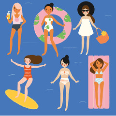 Summer time activity. Girls having fun on the beach. Surfing, swimming, relaxing