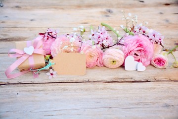 Grußkarte - Frühlingsblumen - Blumenstrauß rosa nostalgisch