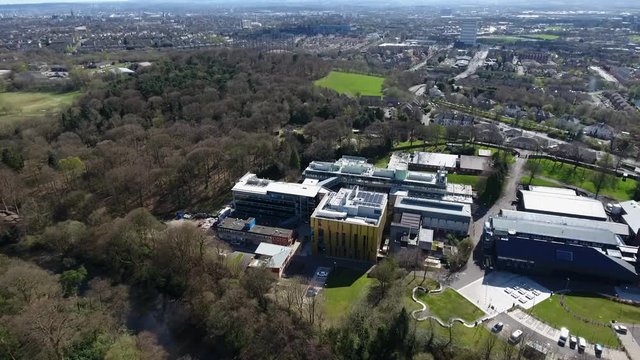 Aerial footage of the Centre of Virus Research, Mary Stewart Building, Jarrett Building and others.