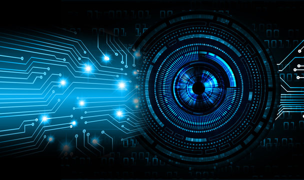 binary circuit board future technology, blue eye cyber security concept background, abstract hi speed digital internet.motion move blur.