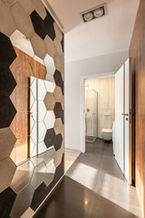 Mudroom with hexagonal mirror tiles