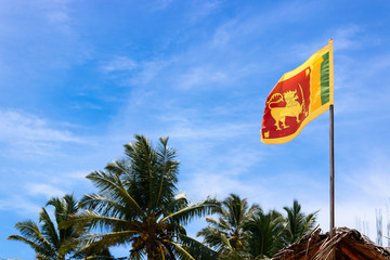 Naklejka premium The national flag of Sri Lanka country with lion are swaying. Blue sky and palms.