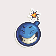 Vector color sticker with funny bomb with burning wick in comics style isolated on white. Hand drawn cartoon character in panic.