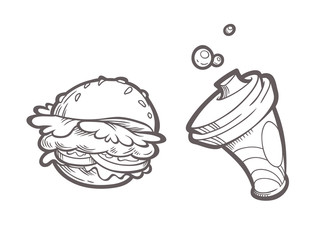 Fast food stickers in retro comics style. Vector hand drawn illustrations of burger and cup with drink isolated on white.