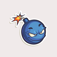 Vector cartoon bomb with burned wick. Hand drawn illustration with funny mascot in comics style. Teen color sticker with character