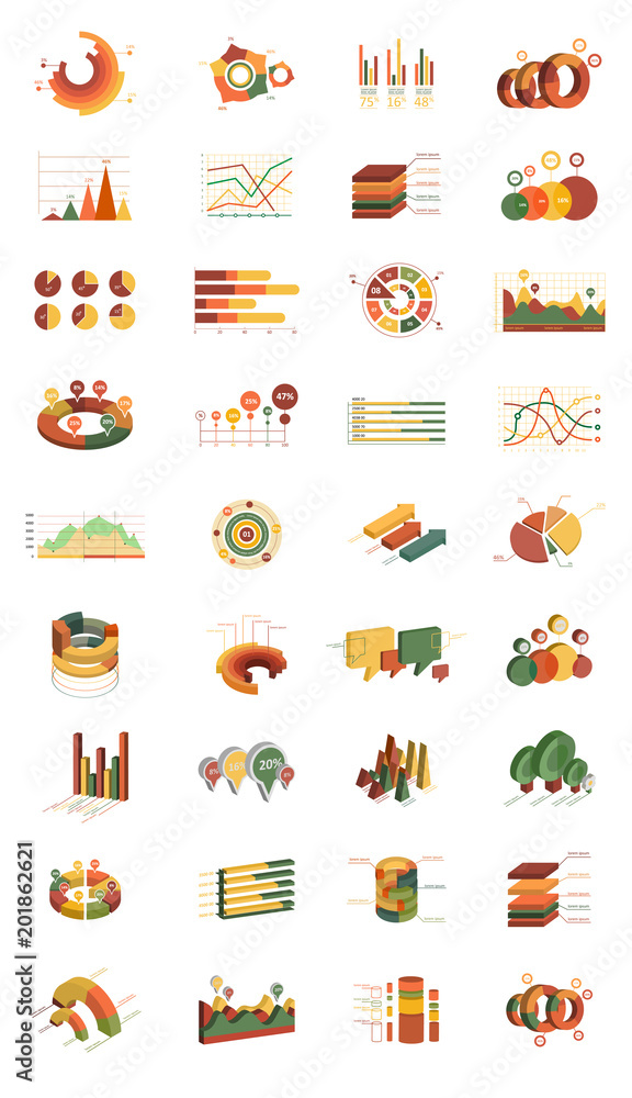 Poster vector set of isometric infographic elements. different types of graphs and diagrams. modern 3d styl