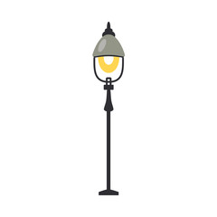 Street lantern with one lamp turned on in flat design isolated on white background. Black vertical standing lamppost with light - outdoors stationary streetlight structure. Vector illustration.