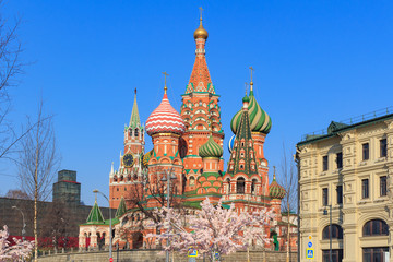 Fototapeta na wymiar St. Basil's Cathedral on a blue sky background. Sunny spring morning in Moscow